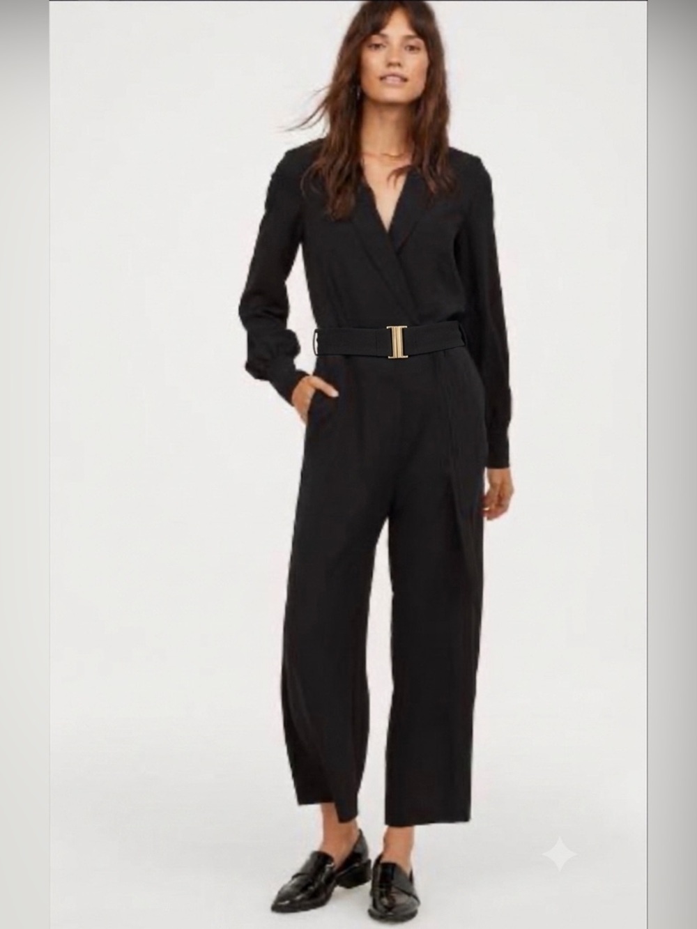 H&M Black Long-Sleeve Belted Wide-Leg Jumpsuit
